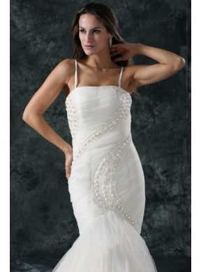 Spaghetti Strap Mermaid Beaded Decorate Tulle Wedding Dress