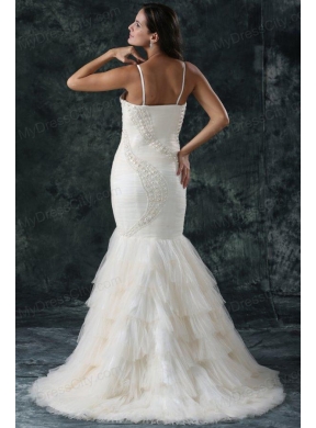 Spaghetti Strap Mermaid Beaded Decorate Tulle Wedding Dress