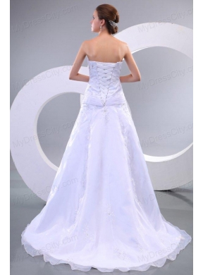 Strapless A-line Sweep Train Wedding Dress with Appliques and Beading