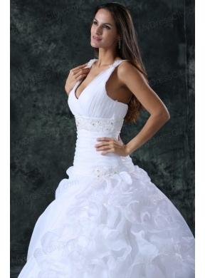 V-neck Appliques and Ruffles Sweep Train Organza Wedding Dress