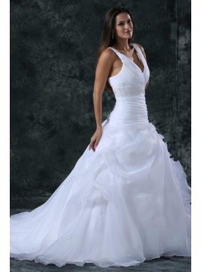 V-neck Appliques and Ruffles Sweep Train Organza Wedding Dress