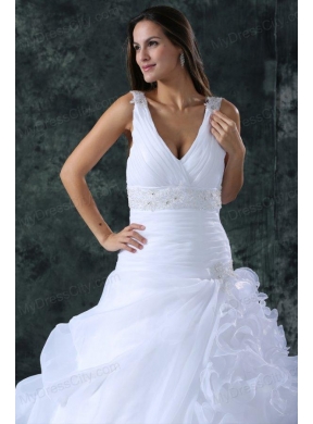 V-neck Appliques and Ruffles Sweep Train Organza Wedding Dress