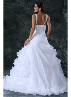 V-neck Appliques and Ruffles Sweep Train Organza Wedding Dress