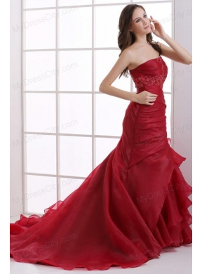 Wine Red Court Train Wedding Dress with Appliques and Ruffles