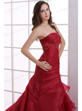 Wine Red Court Train Wedding Dress with Appliques and Ruffles