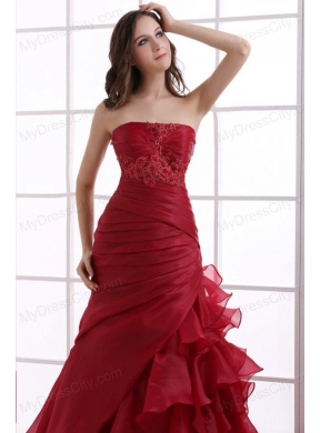 Wine Red Court Train Wedding Dress with Appliques and Ruffles