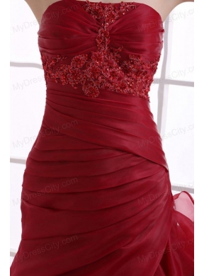 Wine Red Court Train Wedding Dress with Appliques and Ruffles