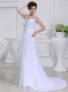 2014 Column V-neck Chiffon Beading Wedding Dress with Sweep Train