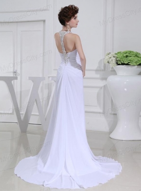 2014 Column V-neck Chiffon Beading Wedding Dress with Sweep Train