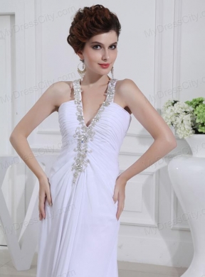 2014 Column V-neck Chiffon Beading Wedding Dress with Sweep Train