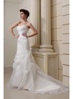 2014 Elegant Mermaid Sweetheart Belt Ruching Pick-ups Wedding Dress with Side Zipper