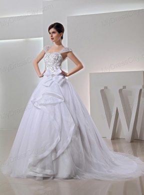 2014 Spring Ball Gown Square Appliques Beading Wedding Dress in White