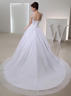 2014 Spring Ball Gown Square Appliques Beading Wedding Dress in White