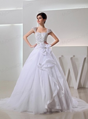 2014 Spring Ball Gown Square Appliques Beading Wedding Dress in White