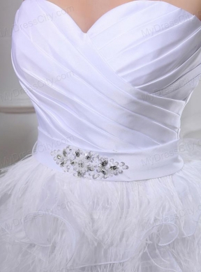 2014Beautiful A-line Sweetheart Organza Ruching Ruffles White Short Wedding Dress