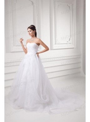 A-line Strapless Appliques Pick-ups Organza Chapel Train Wedding Dress