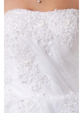 A-line Strapless Appliques Pick-ups Organza Chapel Train Wedding Dress