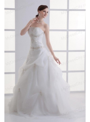 A-line Strapless Appliques Pick-ups Ruching Court Train Organza Wedding Dress