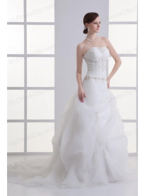 A-line Strapless Appliques Pick-ups Ruching Court Train Organza Wedding Dress