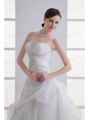 A-line Strapless Appliques Pick-ups Ruching Court Train Organza Wedding Dress