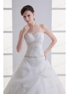 A-line Strapless Appliques Pick-ups Ruching Court Train Organza Wedding Dress