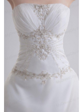 A-line Strapless Appliques Pick-ups Ruching Court Train Organza Wedding Dress