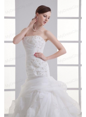 A-line Strapless Hand Made Flowers Pick-ups Appliques Wedding Dress