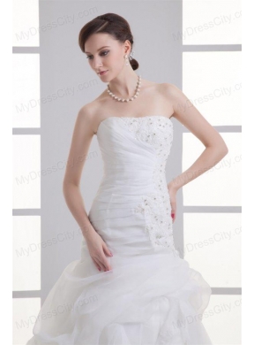 A-line Strapless Hand Made Flowers Pick-ups Appliques Wedding Dress