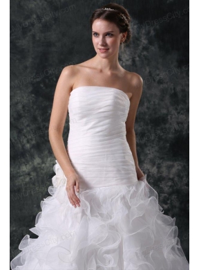 A-line Strapless Organza Wedding Dress with Flower and Ruffles Layered