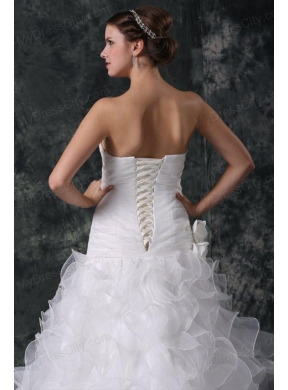 A-line Strapless Organza Wedding Dress with Flower and Ruffles Layered