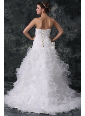 A-line Strapless Organza Wedding Dress with Flower and Ruffles Layered