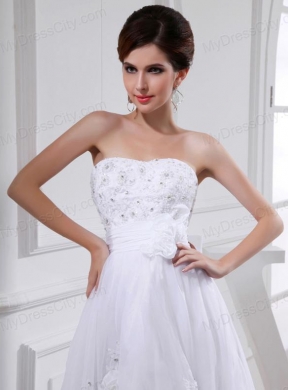 A-line Strapless Tulle Appliques Hand Made Flower White Wedding Dress