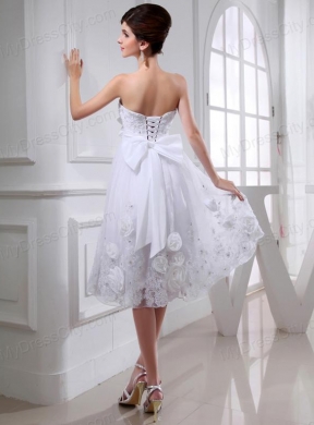 A-line Strapless Tulle Appliques Hand Made Flower White Wedding Dress