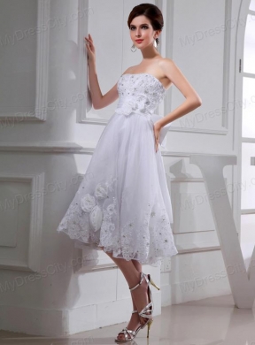 A-line Strapless Tulle Appliques Hand Made Flower White Wedding Dress