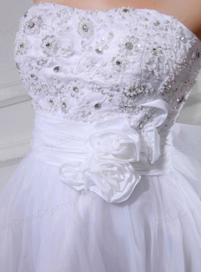 A-line Strapless Tulle Appliques Hand Made Flower White Wedding Dress