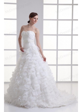 A-line Sweetheart Ruffled Layers Beading Organza Court Train Wedding Dress