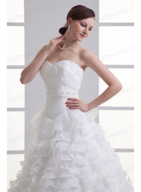 A-line Sweetheart Ruffled Layers Beading Organza Court Train Wedding Dress