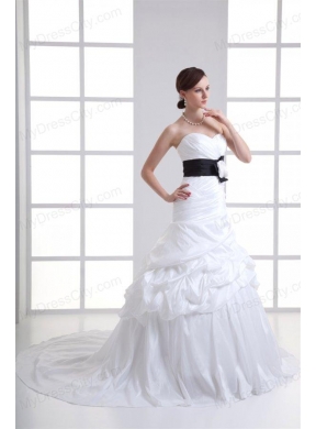 A-line Sweetheart Sash Pick-ups Ruching Court Train Wedding Dress