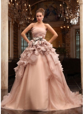 Ball Gown Strapless Champagne Ruffles Organza Wedding Dress with Court Train