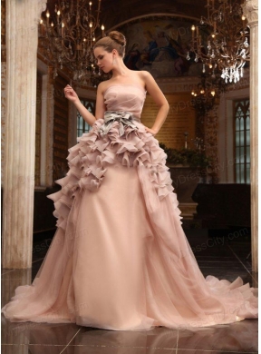 Ball Gown Strapless Champagne Ruffles Organza Wedding Dress with Court Train