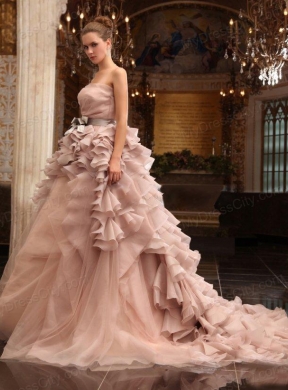 Ball Gown Strapless Champagne Ruffles Organza Wedding Dress with Court Train