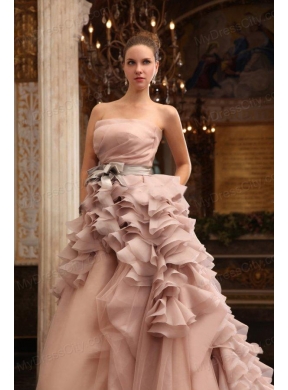 Ball Gown Strapless Champagne Ruffles Organza Wedding Dress with Court Train