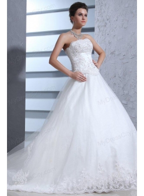 Ball Gown Strapless Lace Appliques Wedding Dress with Chapel Train