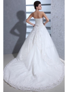 Ball Gown Strapless Lace Appliques Wedding Dress with Chapel Train