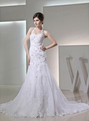 Column Halter Top Chapel Train Lace Appliques  White Wedding Dress