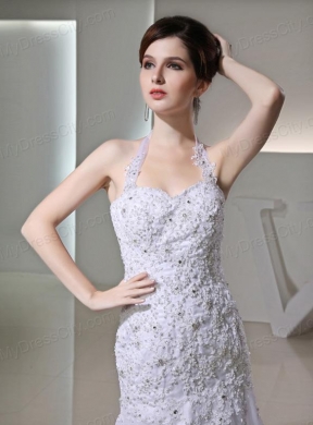 Column Halter Top Chapel Train Lace Appliques  White Wedding Dress