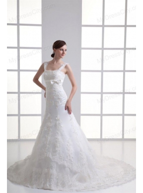 Column Straps Appliques Lace Wedding Dress with Chapel Train