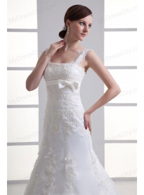 Column Straps Appliques Lace Wedding Dress with Chapel Train