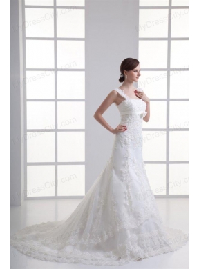 Column Straps Appliques Lace Wedding Dress with Chapel Train