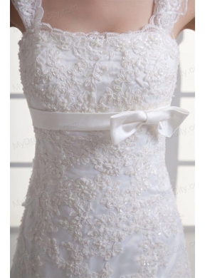 Column Straps Appliques Lace Wedding Dress with Chapel Train